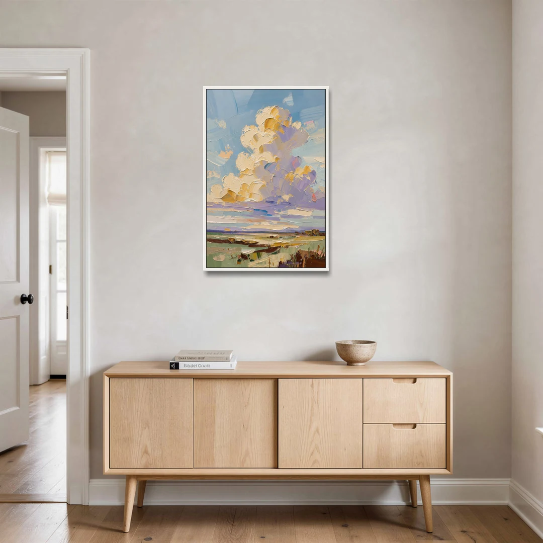 Textured Golden Cumulus Over Sage Field for the Living Room - White Framed Canvas Wall Art - Coffee Table - 24x36