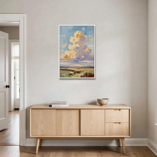 Textured Golden Cumulus Over Sage Field for the Living Room - White Framed Canvas Wall Art - Coffee Table - 24x36