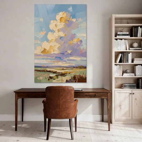 Textured Golden Cumulus Over Sage Field for the Living Room - Canvas Wall Art - Office - 40x60