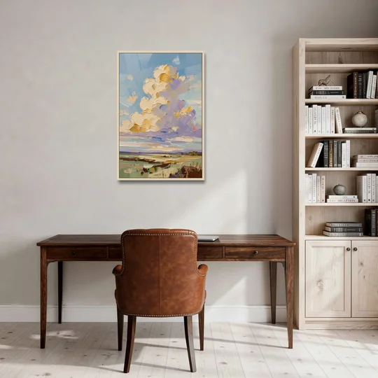 Textured Golden Cumulus Over Sage Field for the Living Room - Oak Framed Canvas Wall Art - Office - 24x36