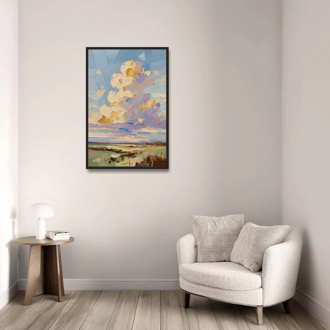 Textured Golden Cumulus Over Sage Field for the Living Room - Black Framed Canvas Wall Art - Sofa - 24x36