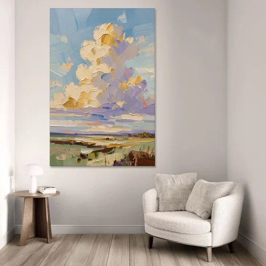 Textured Golden Cumulus Over Sage Field for the Living Room - Canvas Wall Art - Sofa - 40x60