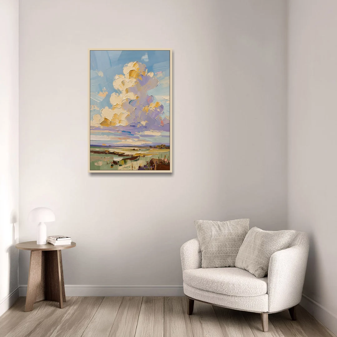 Textured Golden Cumulus Over Sage Field for the Living Room - Oak Framed Canvas Wall Art - Sofa - 24x36