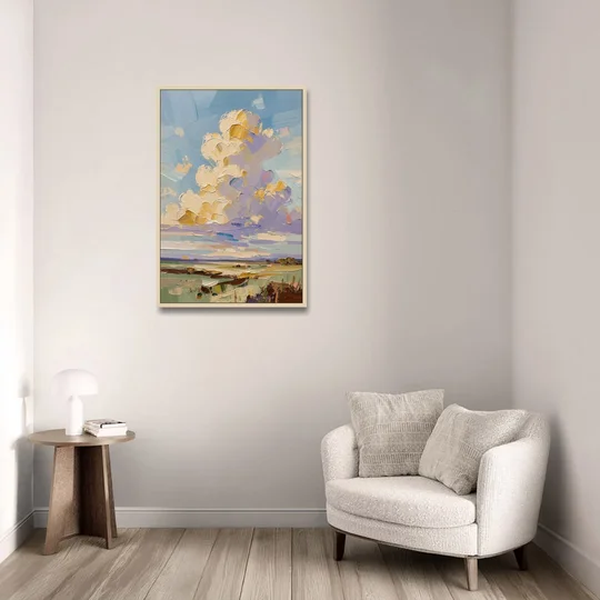 Textured Golden Cumulus Over Sage Field for the Living Room - Oak Framed Canvas Wall Art - Sofa - 24x36