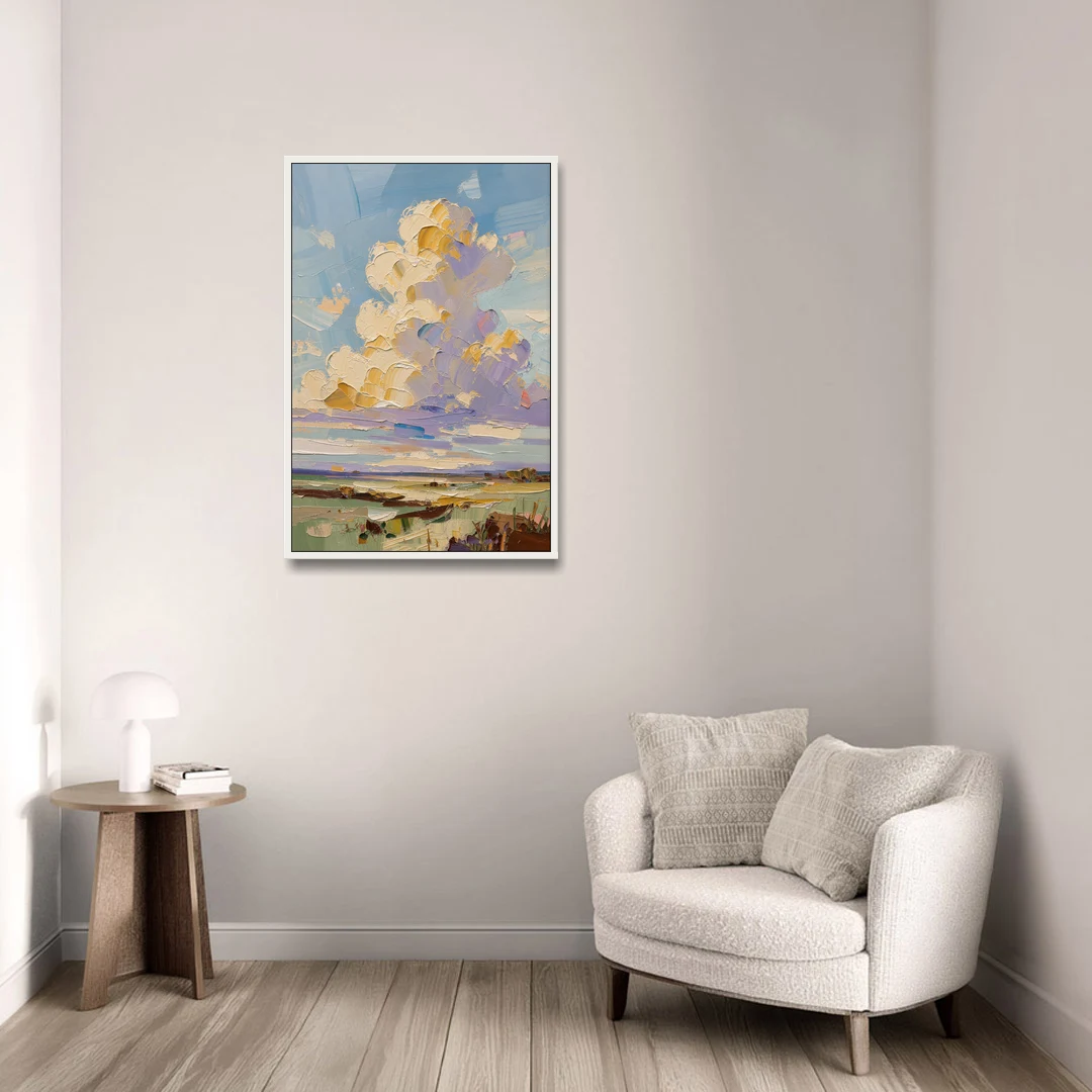 Textured Golden Cumulus Over Sage Field for the Living Room - White Framed Canvas Wall Art - Sofa - 24x36
