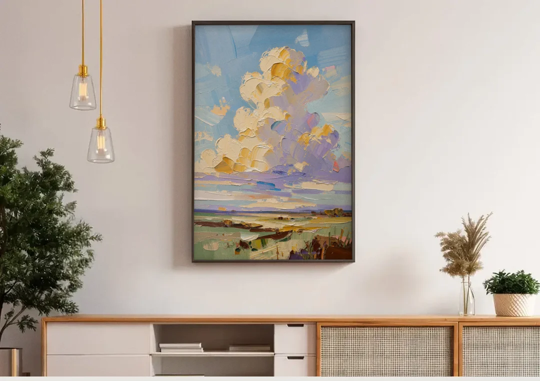 Textured Golden Cumulus Over Sage Field for the Living Room canvas wall art above a wooden sideboard under pendant lights