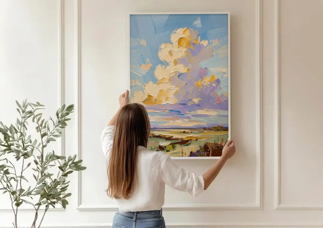 Textured Golden Cumulus Over Sage Field for the Living Room canvas wall art being hung on a paneled wall
