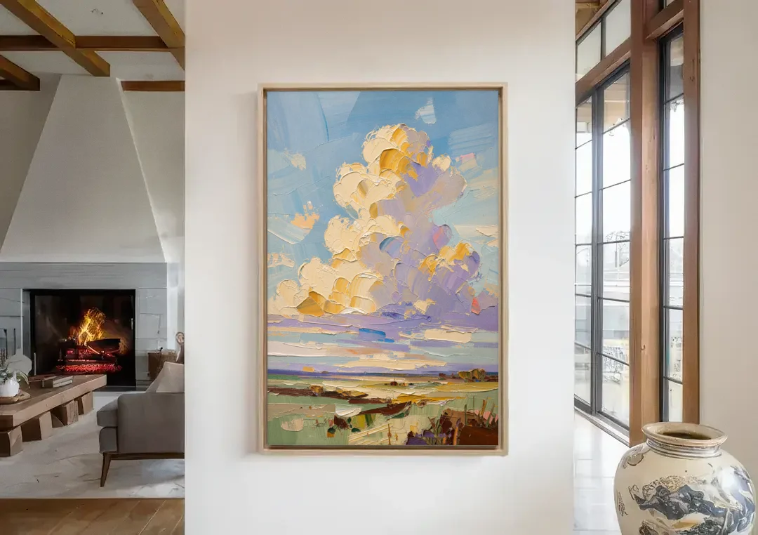 Textured Golden Cumulus Over Sage Field for the Living Room canvas wall art in a living room with a fireplace