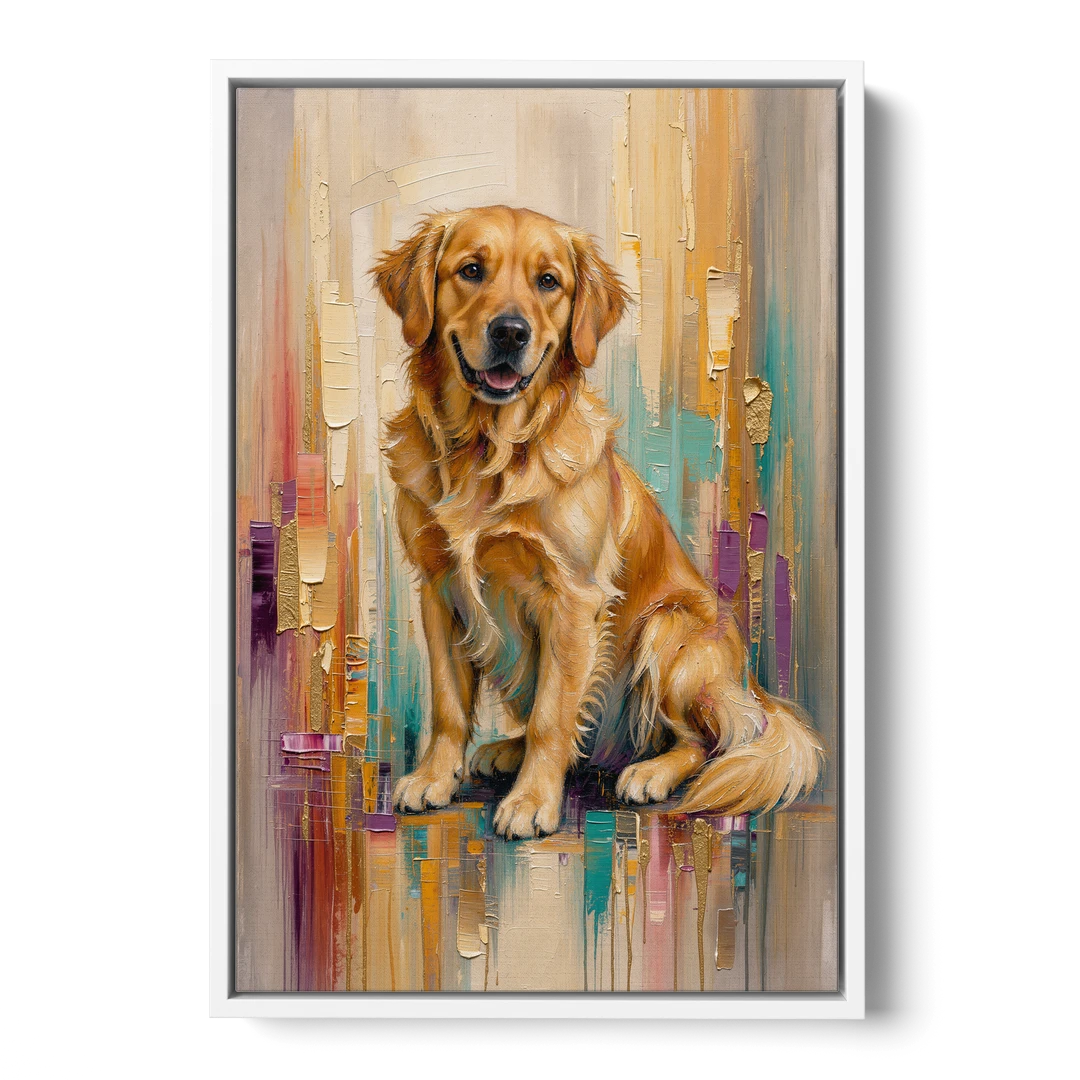 Textured Golden Retriever in Amber Light - White Framed Canvas Wall Art - Front