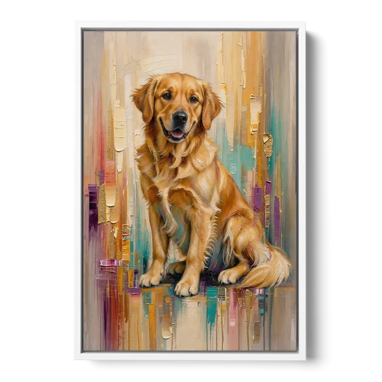 Textured Golden Retriever in Amber Light - White Framed Canvas Wall Art - Front