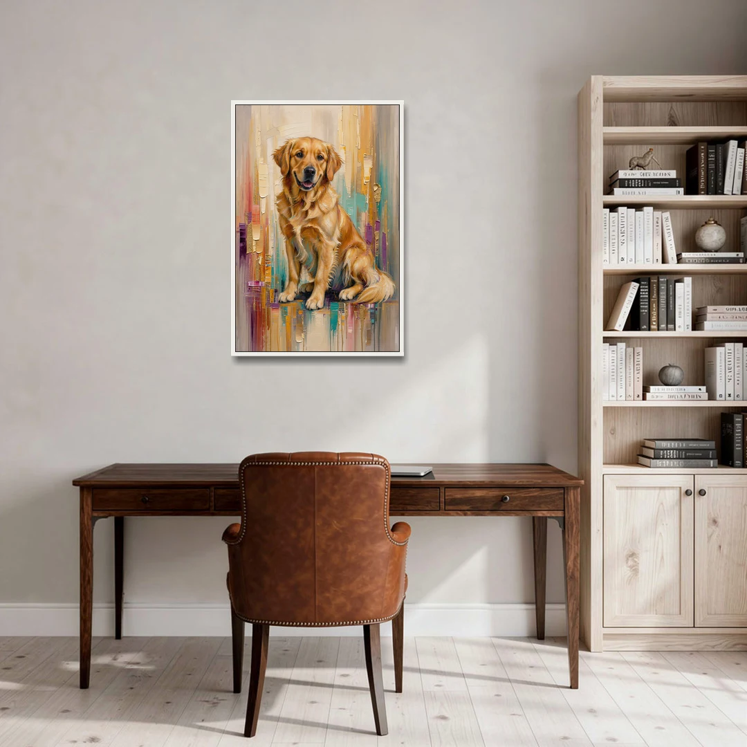 Textured Golden Retriever in Amber Light - White Framed Canvas Wall Art - Office - 24x36