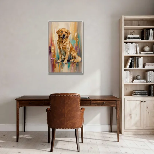 Textured Golden Retriever in Amber Light - White Framed Canvas Wall Art - Office - 24x36