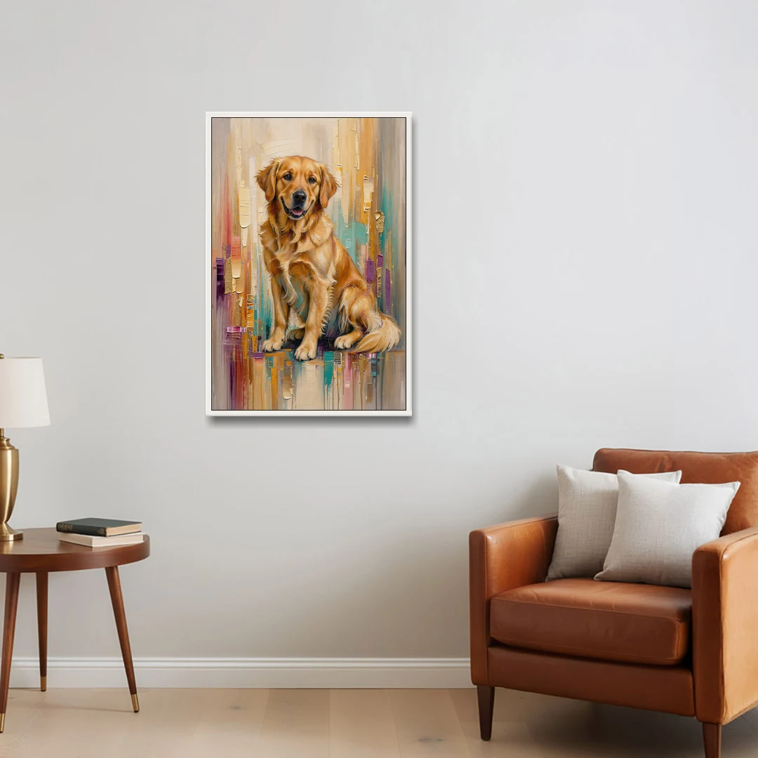 Textured Golden Retriever in Amber Light - White Framed Canvas Wall Art - Sofa - 24x36