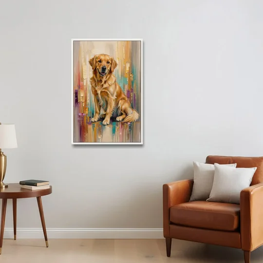 Textured Golden Retriever in Amber Light - White Framed Canvas Wall Art - Sofa - 24x36