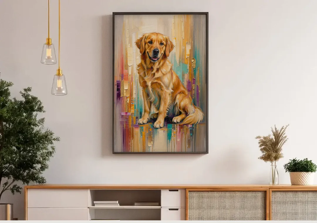 Textured Golden Retriever in Amber Light canvas wall art above a wooden sideboard under pendant lights