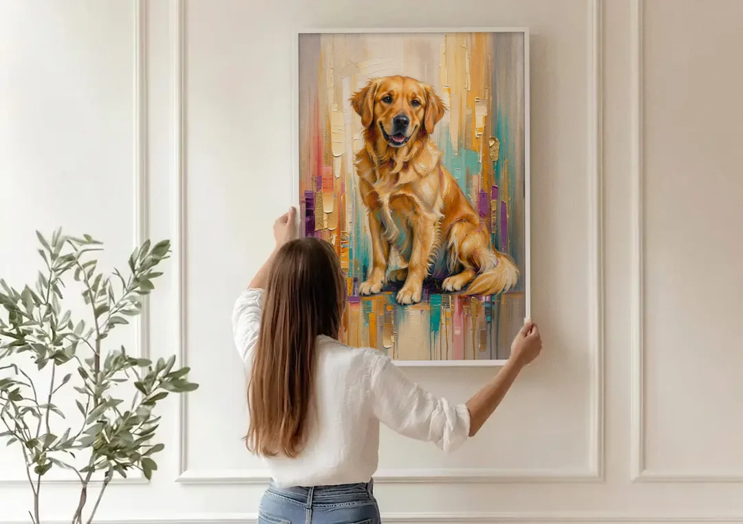 Textured Golden Retriever in Amber Light canvas wall art being hung on a paneled wall