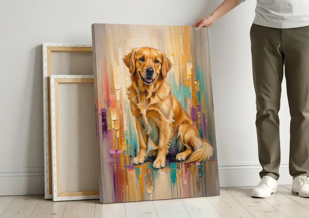 Textured Golden Retriever in Amber Light canvas wall art leaning against a wall next to blank canvases