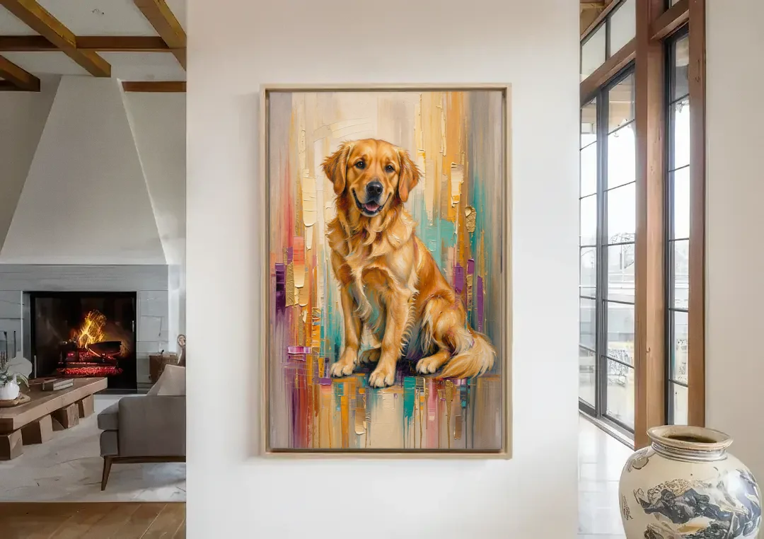 Textured Golden Retriever in Amber Light canvas wall art in a living room with a fireplace