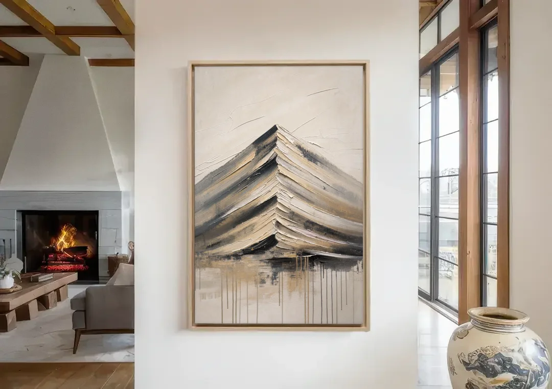 Textured Mountain Painting with Dripping Base canvas wall art in a living room with a fireplace