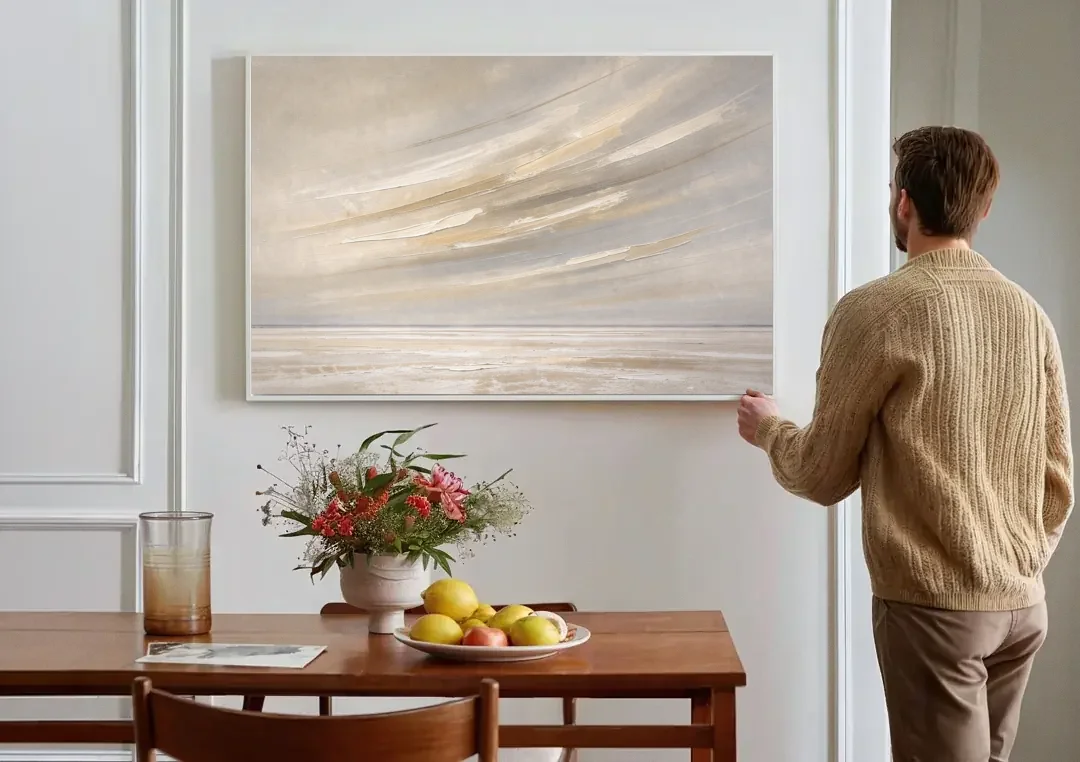 Textured Neutral Wall Art of Wind Streaks Over Flats canvas wall art above a dining table