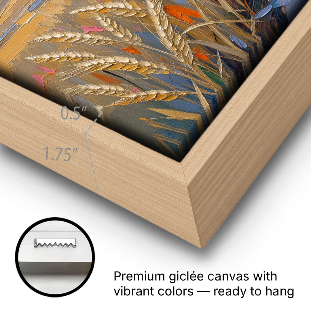 Textured Ripened Grain at Dusk - Oak Framed Canvas Wall Art - Gallery Wrap Corner
