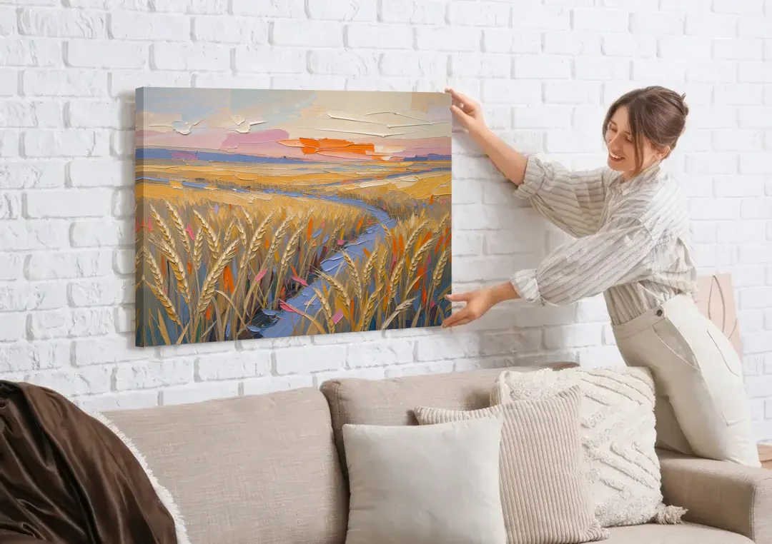 Textured Ripened Grain at Dusk canvas wall art being hung on a white brick wall above a sofa