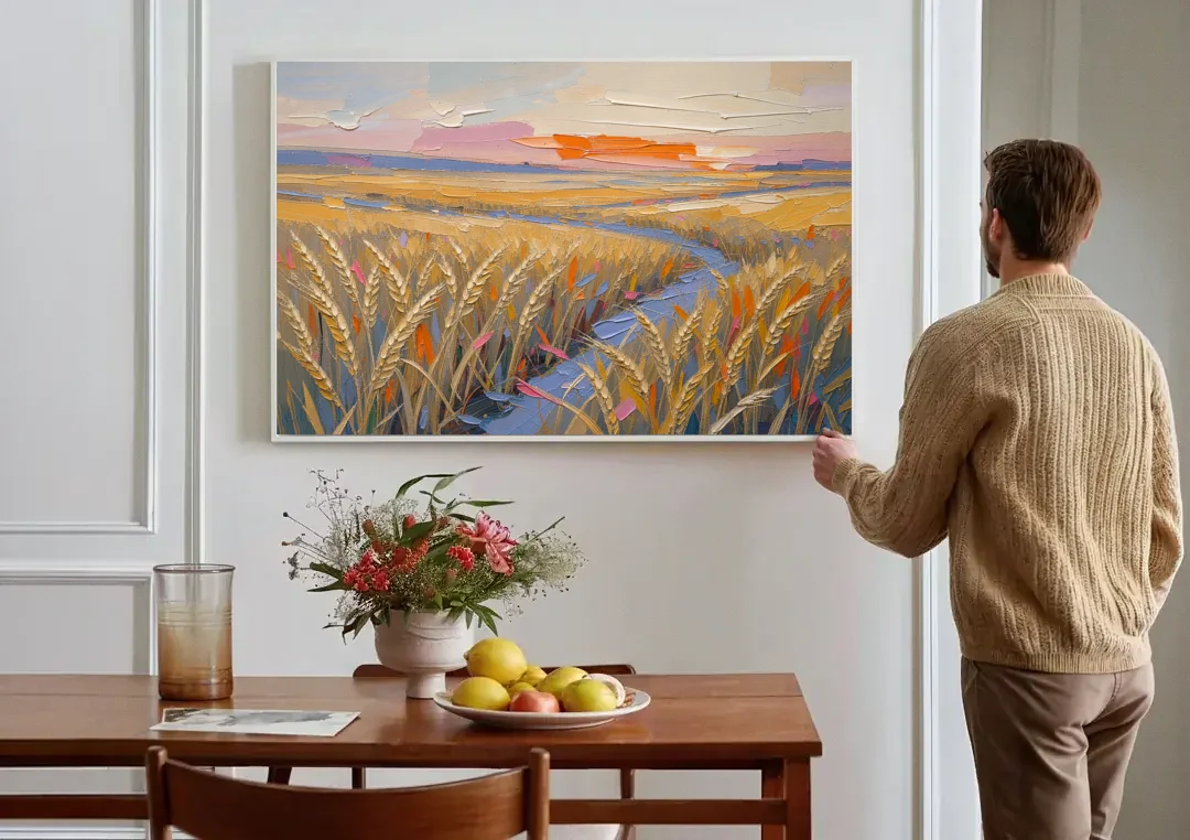 Textured Ripened Grain at Dusk canvas wall art above a dining table