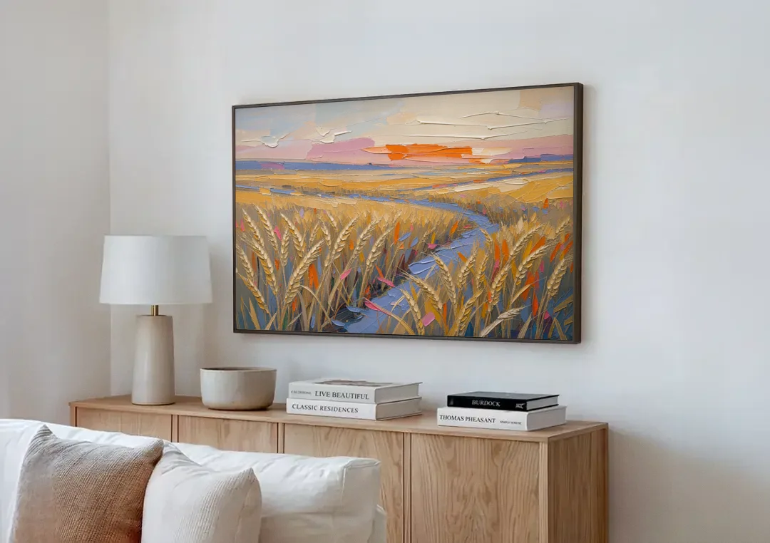 Textured Ripened Grain at Dusk canvas wall art above a wooden sideboard next to a sofa