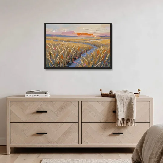 Textured Ripened Grain at Dusk - Black Framed Canvas Wall Art - Coffee Table - 36x24