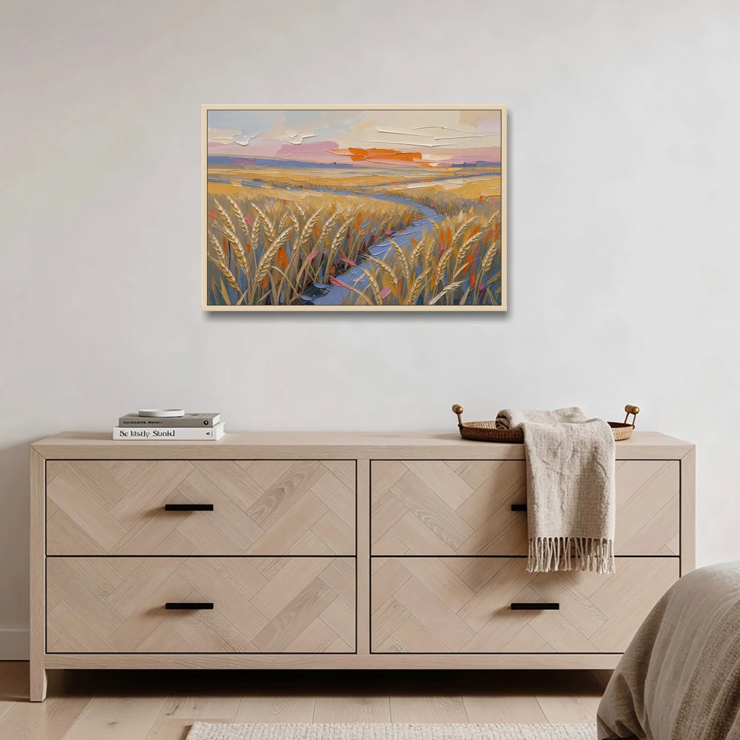 Textured Ripened Grain at Dusk - Oak Framed Canvas Wall Art - Coffee Table - 36x24