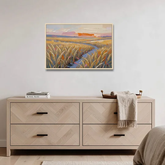 Textured Ripened Grain at Dusk - Oak Framed Canvas Wall Art - Coffee Table - 36x24