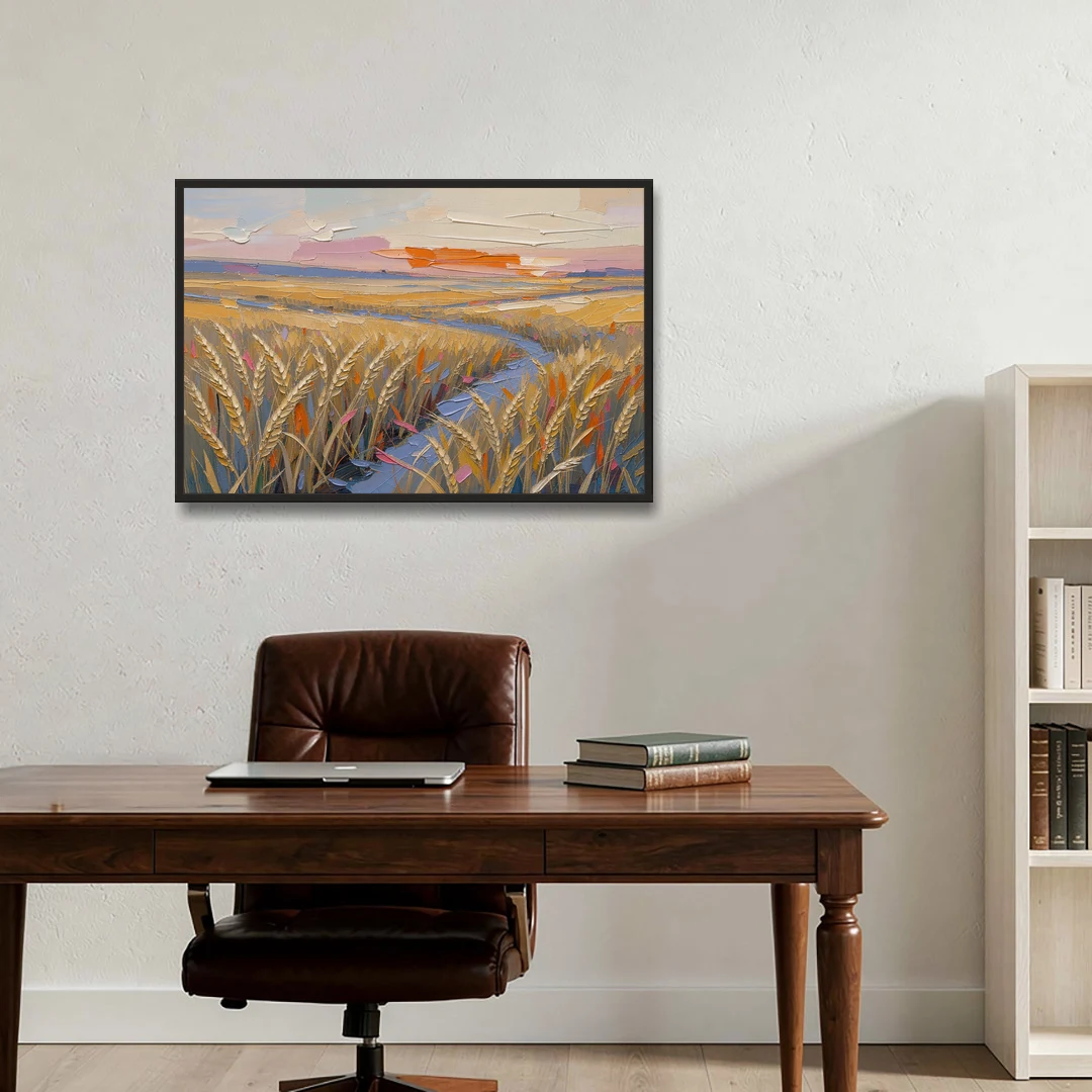 Textured Ripened Grain at Dusk - Black Framed Canvas Wall Art - Office - 36x24