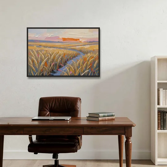 Textured Ripened Grain at Dusk - Black Framed Canvas Wall Art - Office - 36x24