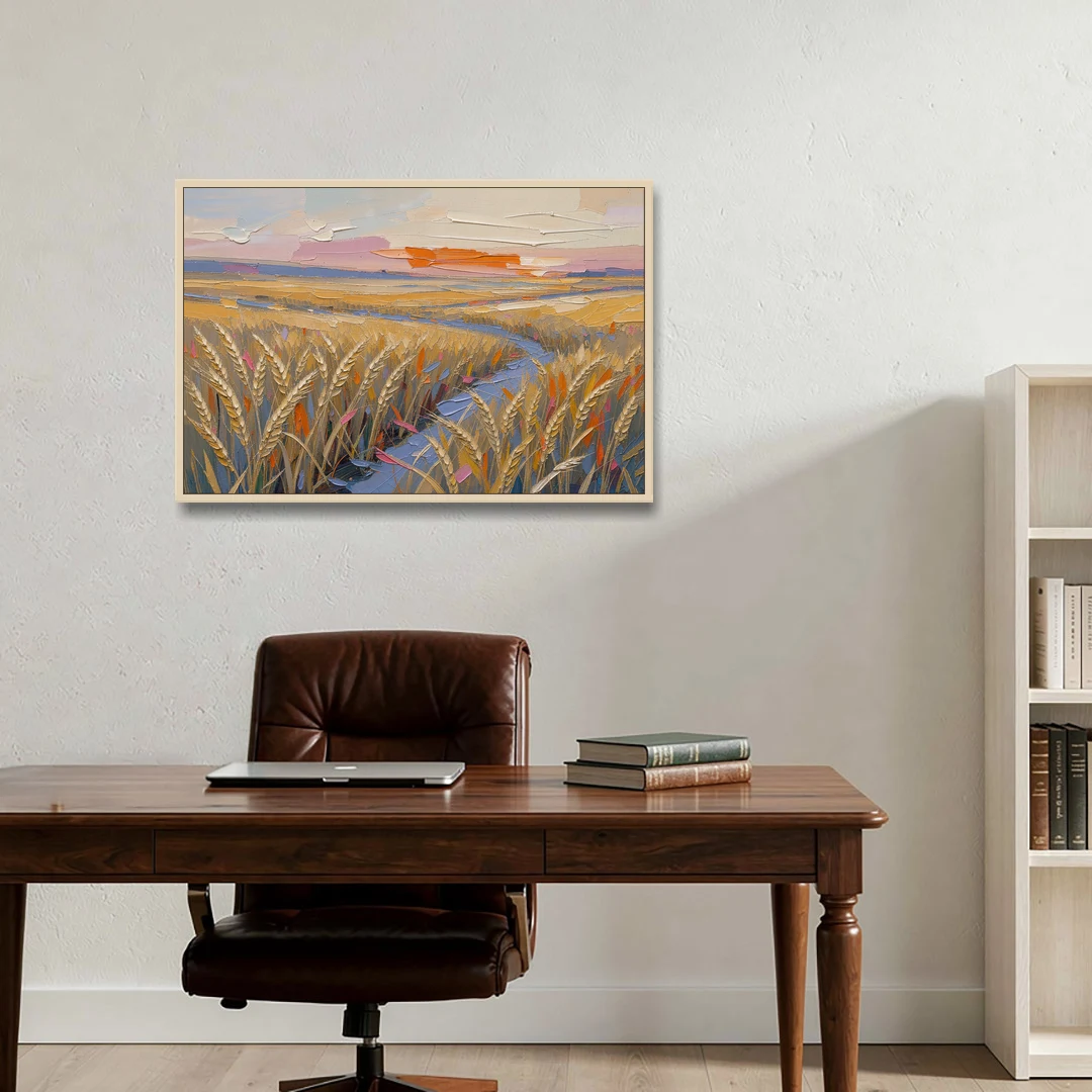 Textured Ripened Grain at Dusk - Oak Framed Canvas Wall Art - Office - 36x24