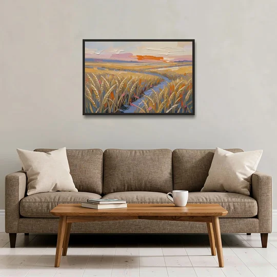 Textured Ripened Grain at Dusk - Black Framed Canvas Wall Art - Sofa - 36x24