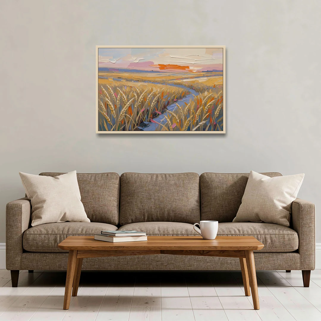 Textured Ripened Grain at Dusk - Oak Framed Canvas Wall Art - Sofa - 36x24