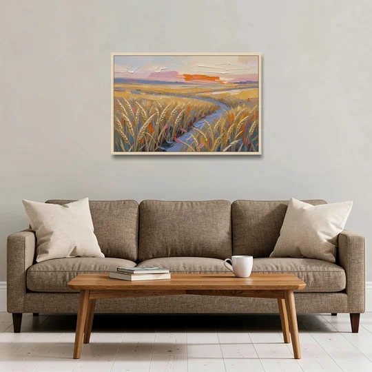 Textured Ripened Grain at Dusk - Oak Framed Canvas Wall Art - Sofa - 36x24