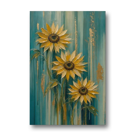 Textured Sunflower Painting in Teal and Gold - Canvas Wall Art - Front