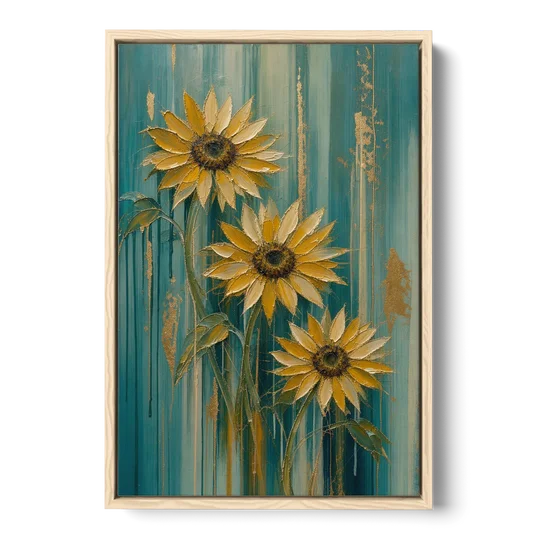 Textured Sunflower Painting in Teal and Gold - Oak Framed Canvas Wall Art - Front