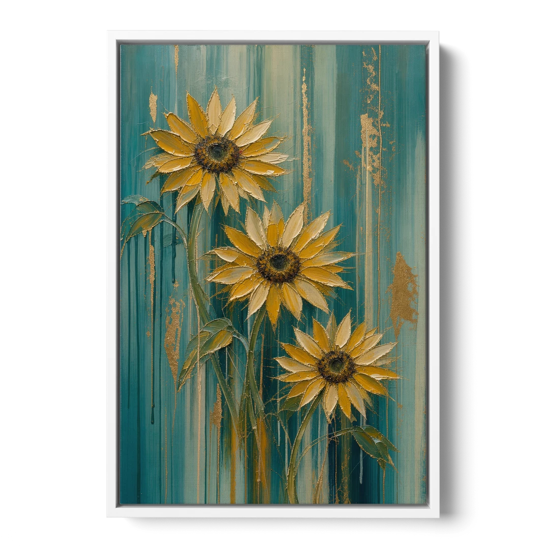 Textured Sunflower Painting in Teal and Gold - White Framed Canvas Wall Art - Front