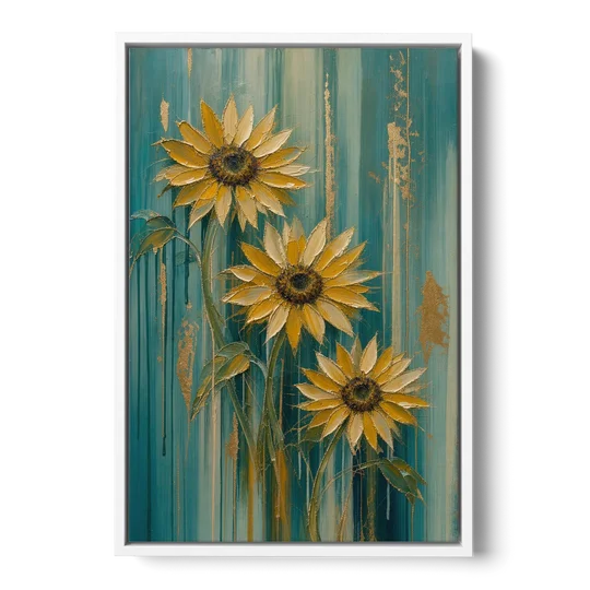 Textured Sunflower Painting in Teal and Gold - White Framed Canvas Wall Art - Front
