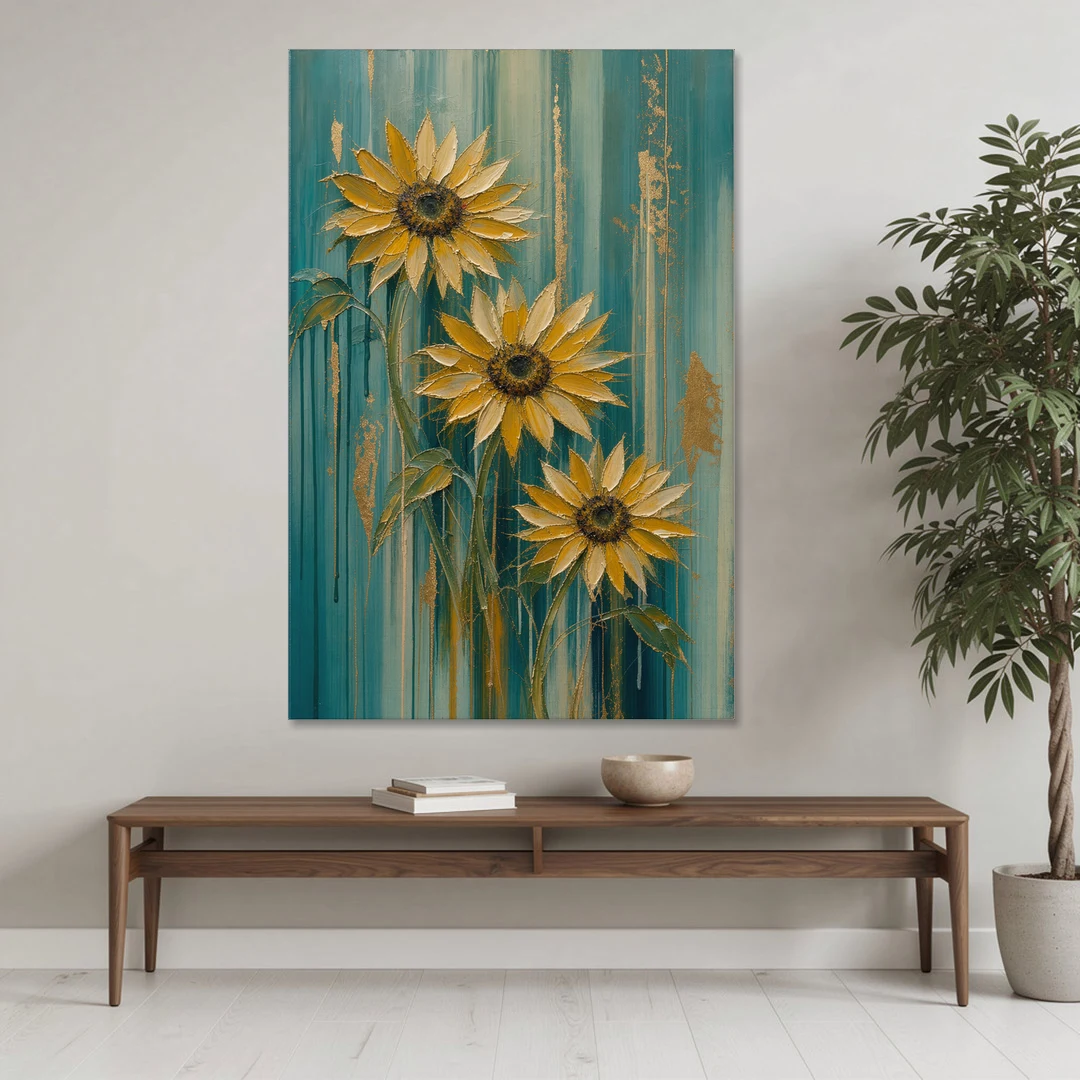 Textured Sunflower Painting in Teal and Gold - Canvas Wall Art - Coffee Table - 40x60