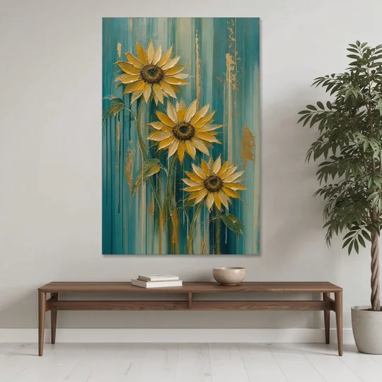 Textured Sunflower Painting in Teal and Gold - Canvas Wall Art - Coffee Table - 40x60
