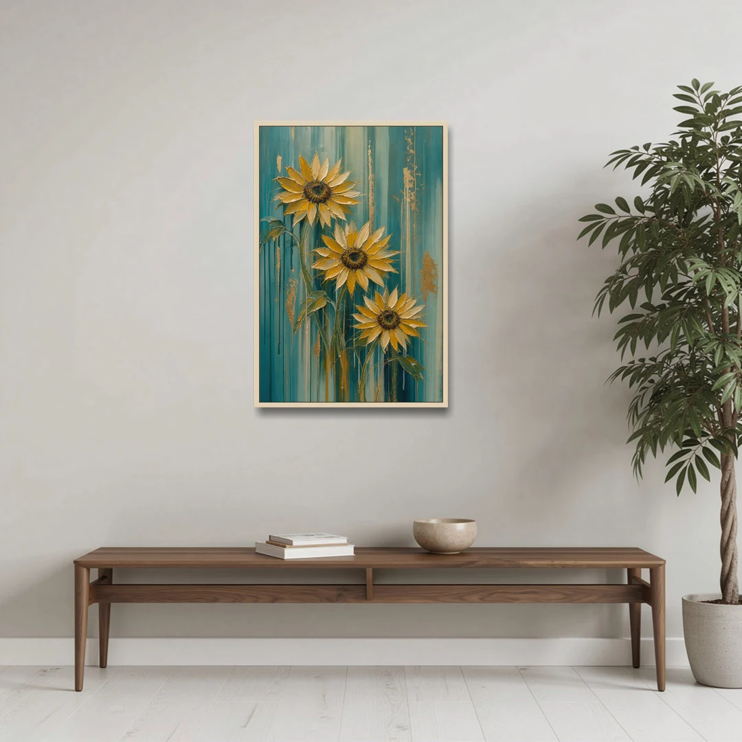 Textured Sunflower Painting in Teal and Gold - Oak Framed Canvas Wall Art - Coffee Table - 24x36