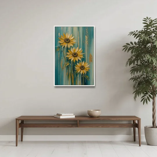 Textured Sunflower Painting in Teal and Gold - White Framed Canvas Wall Art - Coffee Table - 24x36