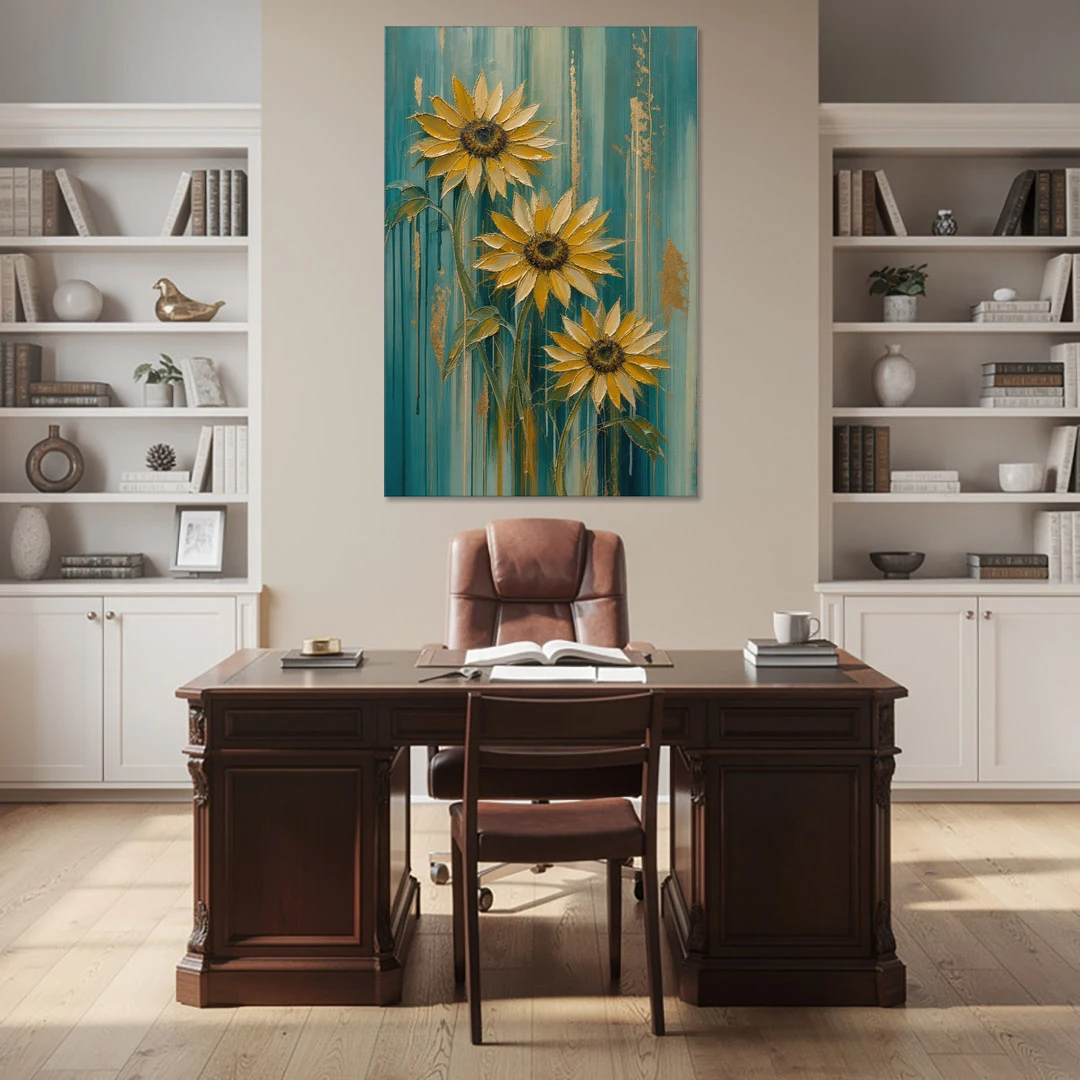 Textured Sunflower Painting in Teal and Gold - Canvas Wall Art - Office - 40x60