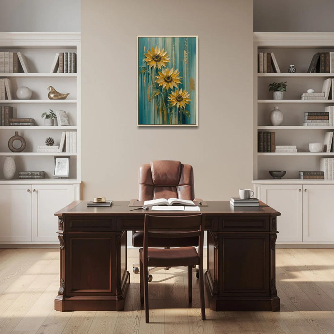 Textured Sunflower Painting in Teal and Gold - Oak Framed Canvas Wall Art - Office - 24x36