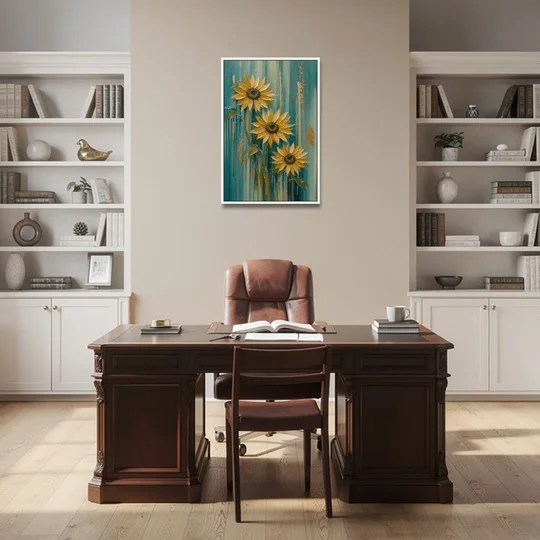 Textured Sunflower Painting in Teal and Gold - White Framed Canvas Wall Art - Office - 24x36
