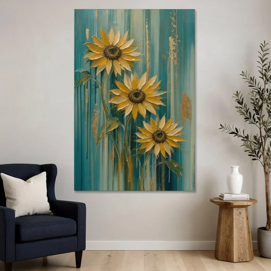 Textured Sunflower Painting in Teal and Gold - Canvas Wall Art - Sofa - 40x60