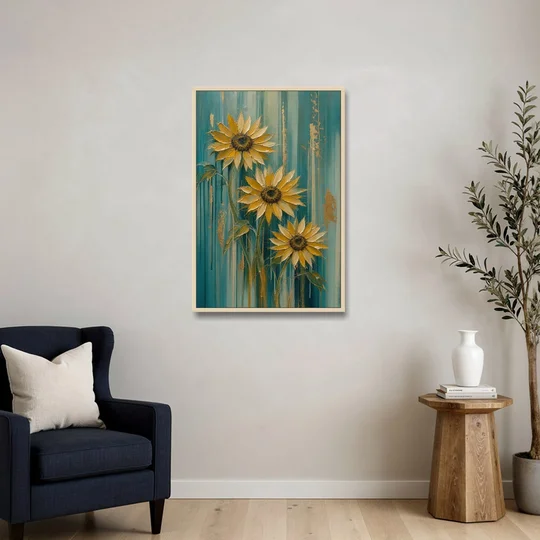 Textured Sunflower Painting in Teal and Gold - Oak Framed Canvas Wall Art - Sofa - 24x36